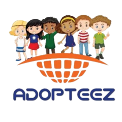 Adopteez logo: children from around the world standing on a globe