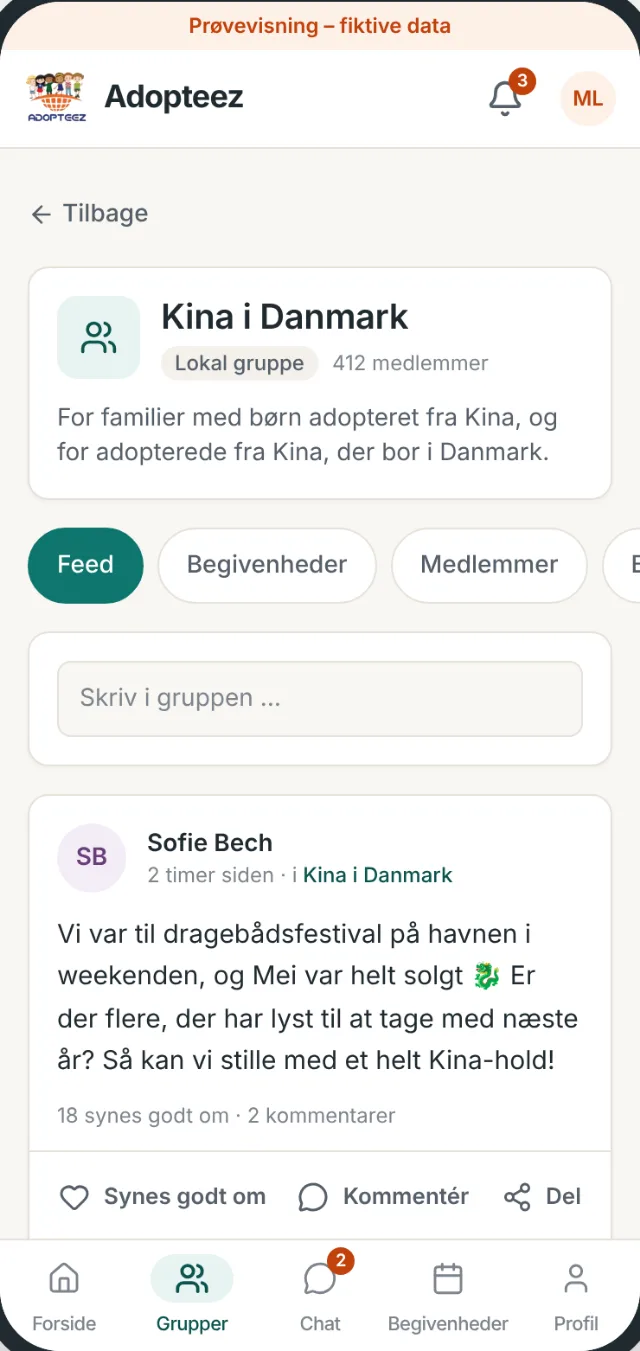 Gruppesiden for Kina i Danmark med fanerne Feed, Begivenheder, Medlemmer og Børnekort og et opslag om dragebådsfestival.