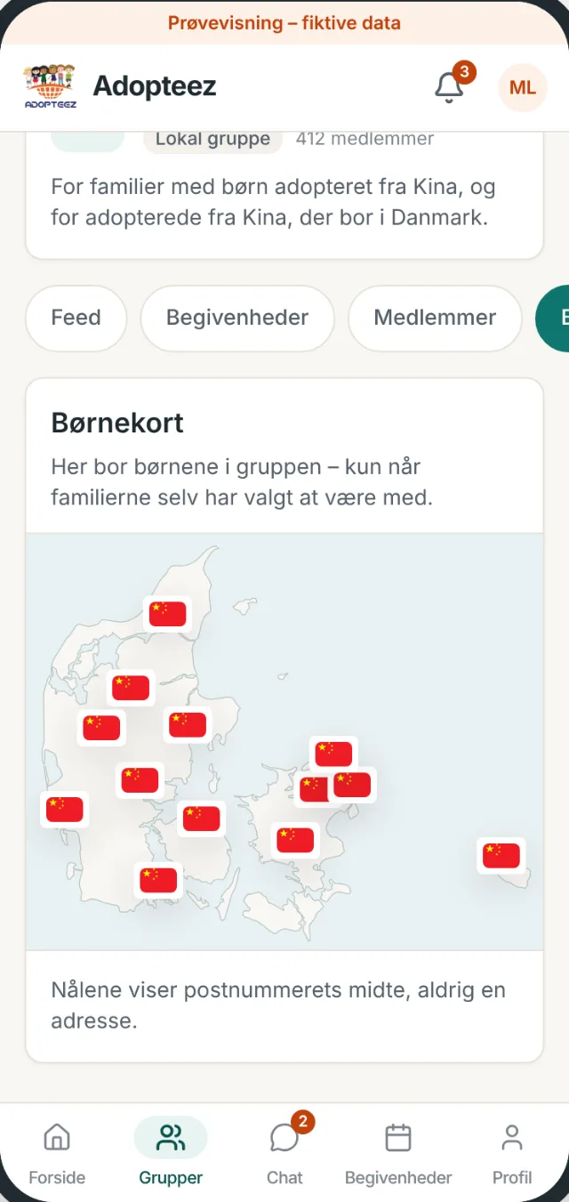 Børnekort over Danmark for gruppen Kina i Danmark med opdigtede nåle i blandt andet Aarhus, Odense, Aalborg, Esbjerg og København, alle med Kinas flag.