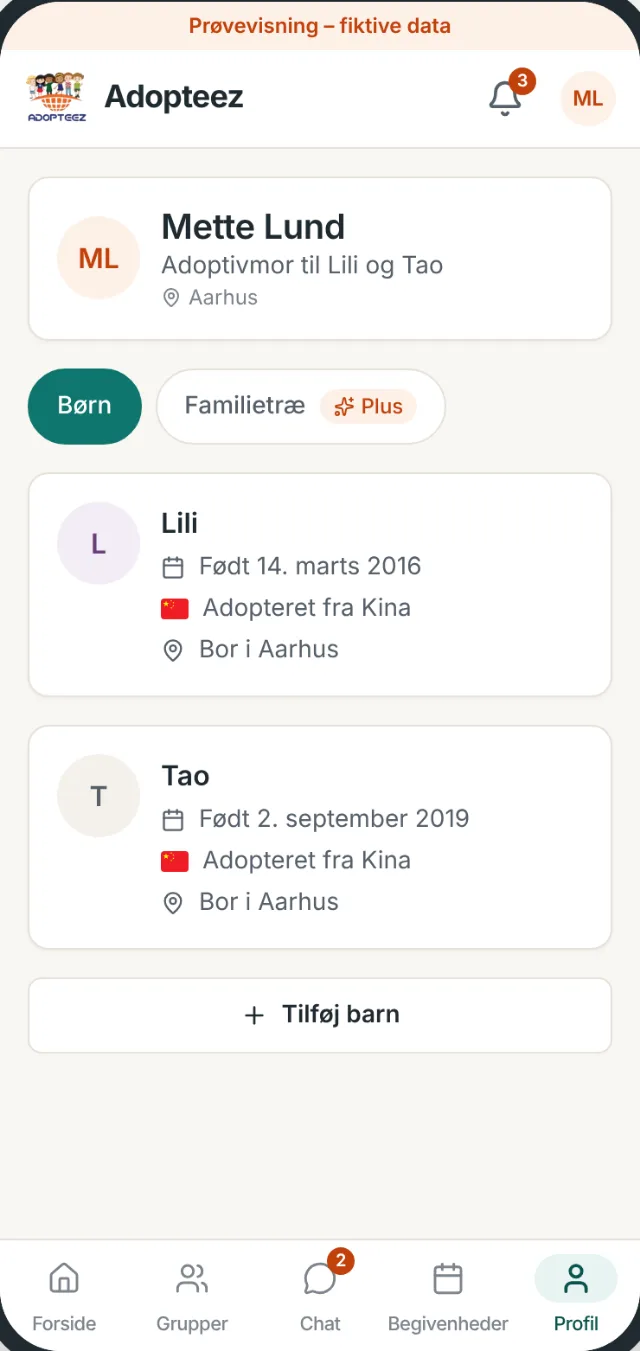 Profilen for Mette Lund med børnene Lili og Tao, begge adopteret fra Kina og bosat i Aarhus.