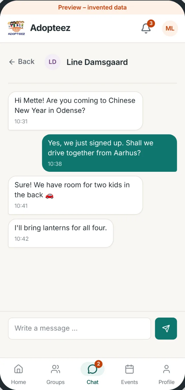 A chat between Mette and Line about driving together to Chinese New Year in Odense.