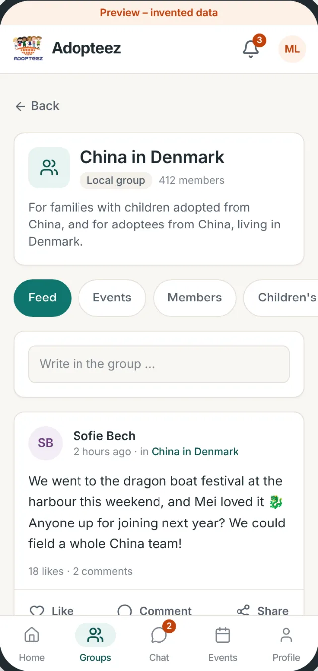 The group page for China in Denmark with the tabs Feed, Events, Members and Children's map and a post about a dragon boat festival.