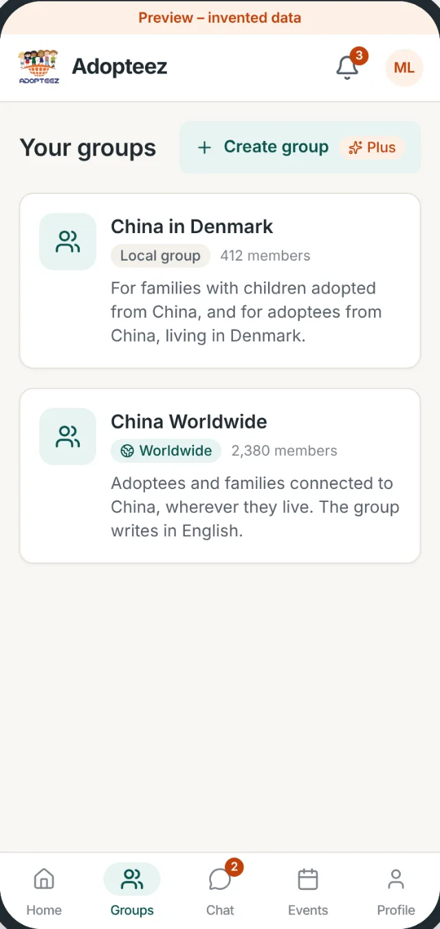 The list Your groups with China in Denmark (local group, 412 members) and China Worldwide (Worldwide, 2,380 members).