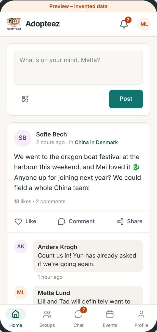 The Adopteez home screen on a phone: posts from the group China in Denmark and from the Worldwide group China Worldwide, with the buttons Like, Comment and Share.