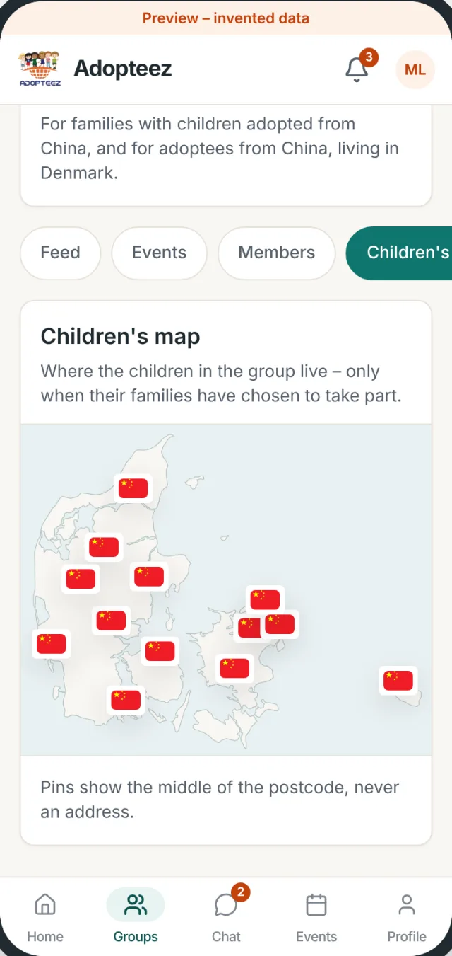 Children's map of Denmark for the group China in Denmark with invented pins in Aarhus, Odense, Aalborg, Esbjerg, Copenhagen and more, all with the flag of China.